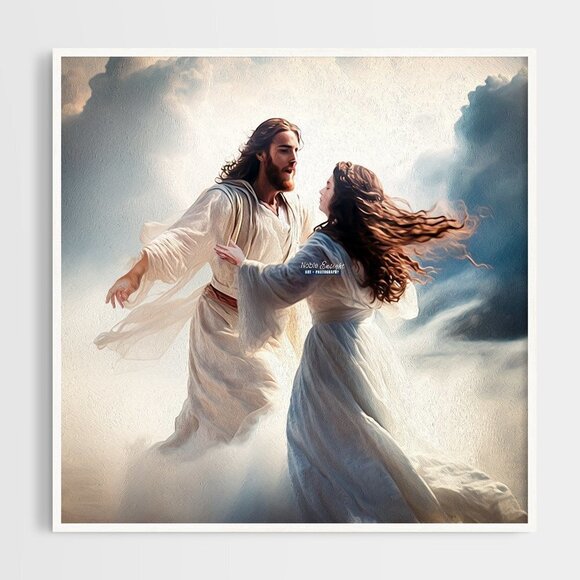 8x8 Framed Jesus in Heaven Wall Art Watercolor Oil Painting Print - Picture 2 of 9